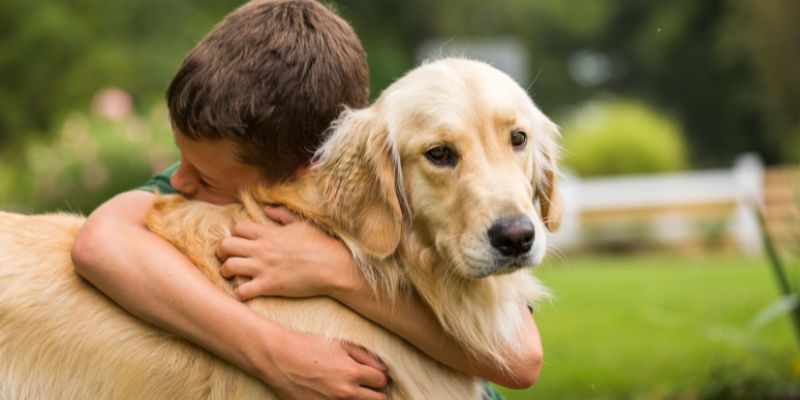 A child hugging their dog.