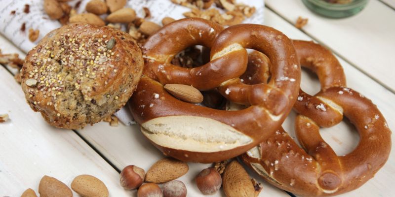 a pltter of pretzels and breads