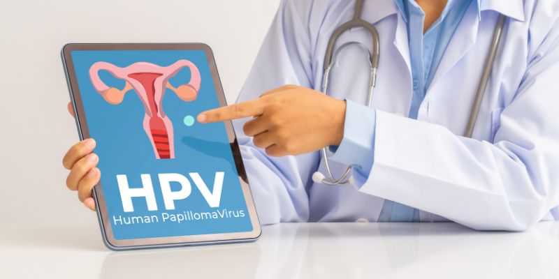 Illustration of a woman's reproductive organs and HPV written below it.