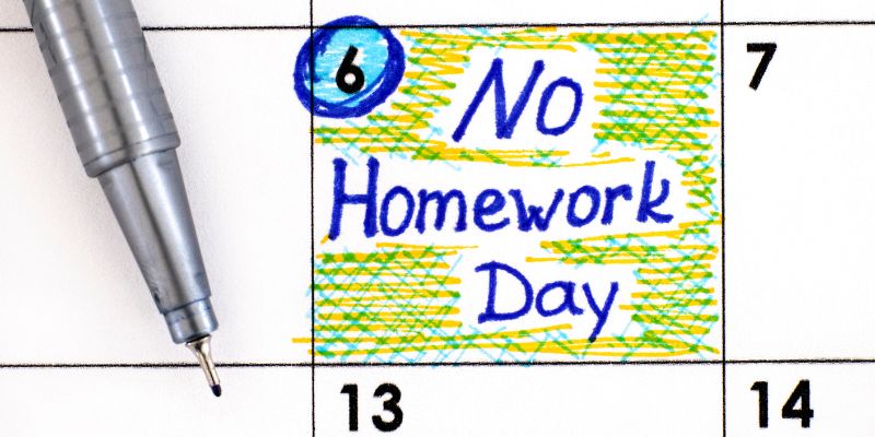 No homework Day written on a calendar.