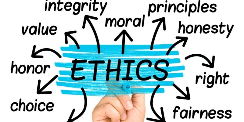 The word ETHICS surrounded by words that explain what it means