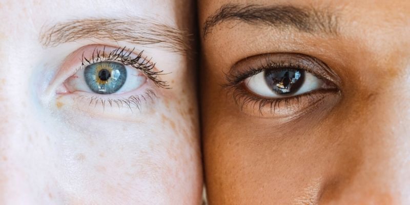 a closeup of two people that shows one of each of their eyes.