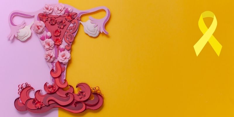 A illustration of female reproduction organized using flowers next to a yellow awareness ribbon