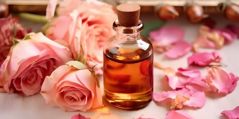A bottle of perfume surrounded by roses.